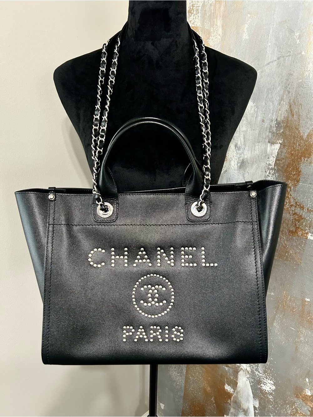 CHANEL CAVIAR SMALL STUDDED DEAUVILLE TOTE